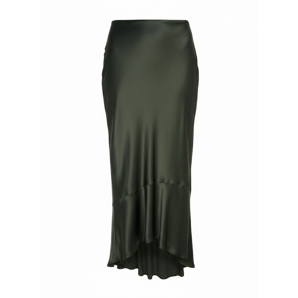 Anthropologie Olive Green Silky Elastic Waist High Low Tulip Hem MIDI Skirt Sz M